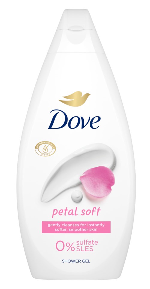 En vit Dove duschtvålflaska med en rosa blomblad, gyllene fågellogo och rosa och lila text.