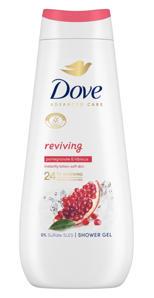 Dove duschtvålflaska med granatäpple och hibiskus, rosa lock, och en röd fruktbild.