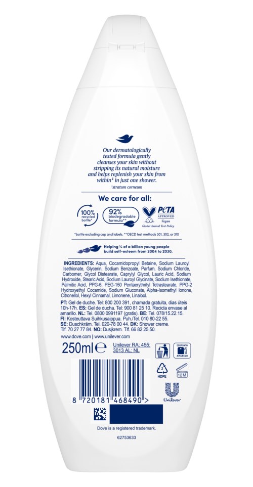 En vit flaska med etikett som visar ingredienser, logotyper och streckkod. Den betonar omsorg och dermatologiskt förtroende.