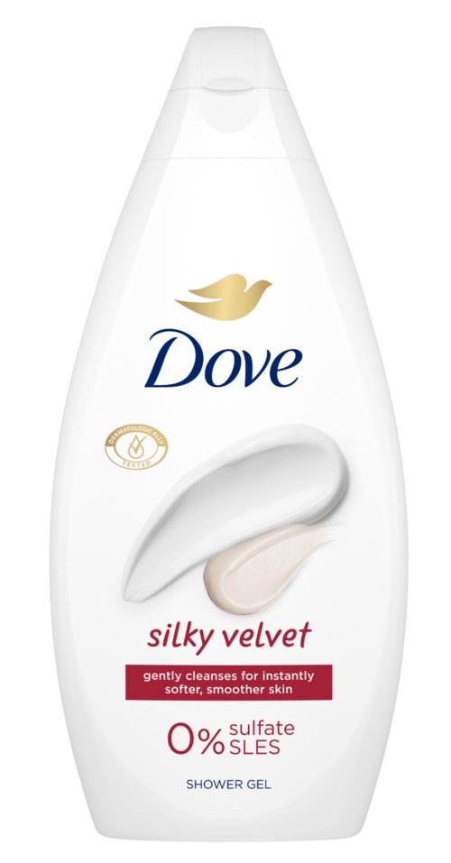 Dove duschgel i en vit flaska med en guldduva och en röd etikett, säger att den är mild och utan sulfater.