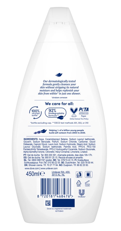En vit schampoburk med blå text och symboler, innehåller 450 ml produkt. Den har ingredienser och etiketter på baksidan.