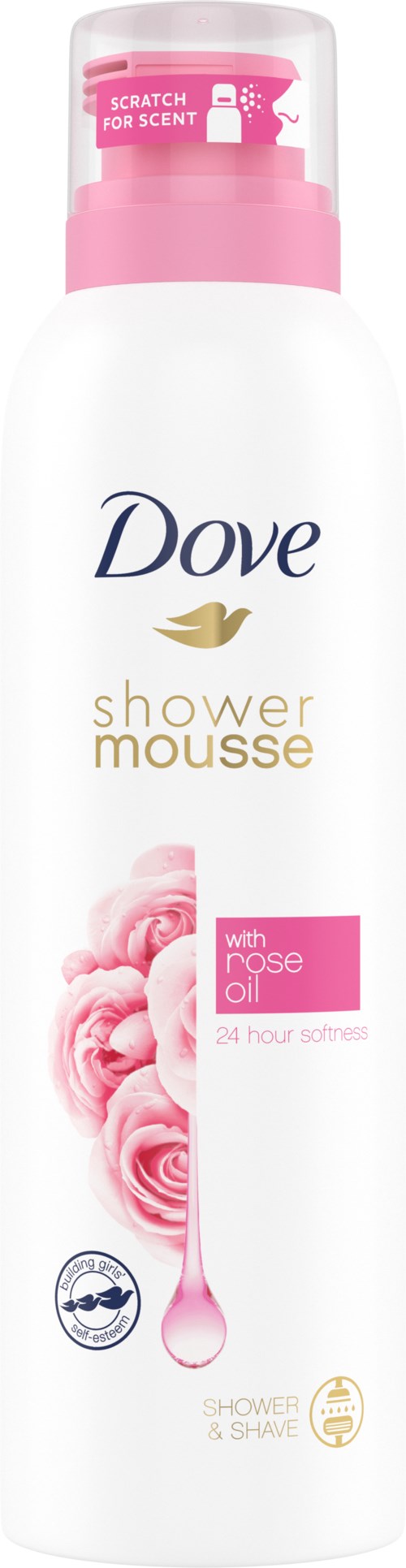 En vit flaska Dove shower mousse med rosa lock, visar rosor och produktinformation i rosa och guld.