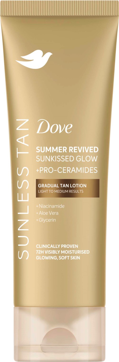 Rør med Dove Gradual Tan-lotion for en lett til middels solkysset glød, med hvit due-logo og beige emballasje.