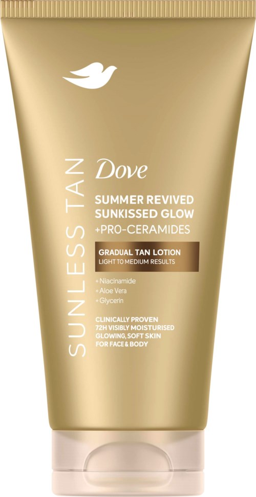 En gullfarget tube med Dove Summer Revived Sunkissed Glow Gradual Tan Lotion med skruelokk.