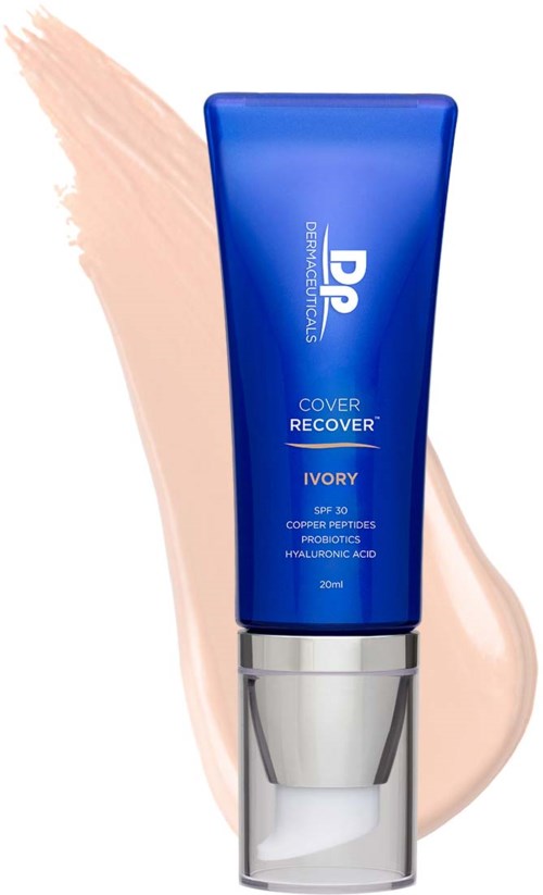 Eine blaue Tube mit Hautcreme, beschriftet "Cover Recover, Ivory, SPF 30, 20ml."
