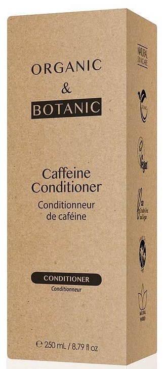 Miljövänlig förpackning för koffeinbalsam, med text och ikoner som visar organiska ingredienser och användning. Storlek är 250 ml.