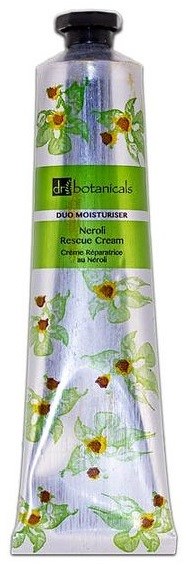 En tub med Dr. Botanicals Neroli Rescue Cream med grönt och blommande design.