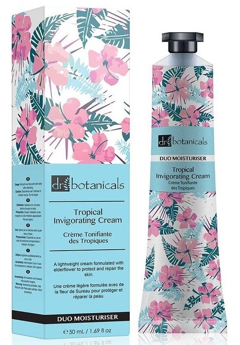 A tube and box of tropical invigorating cream with pink flowers and green leaves on a blue background.