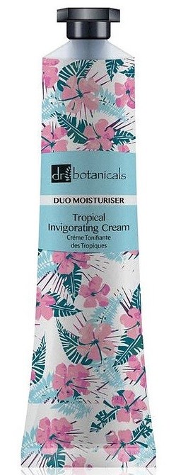 A floral tube of moisturizer with pink flowers and green leaves, labeled as DUO MOISTURISER Tropical Invigorating Cream.