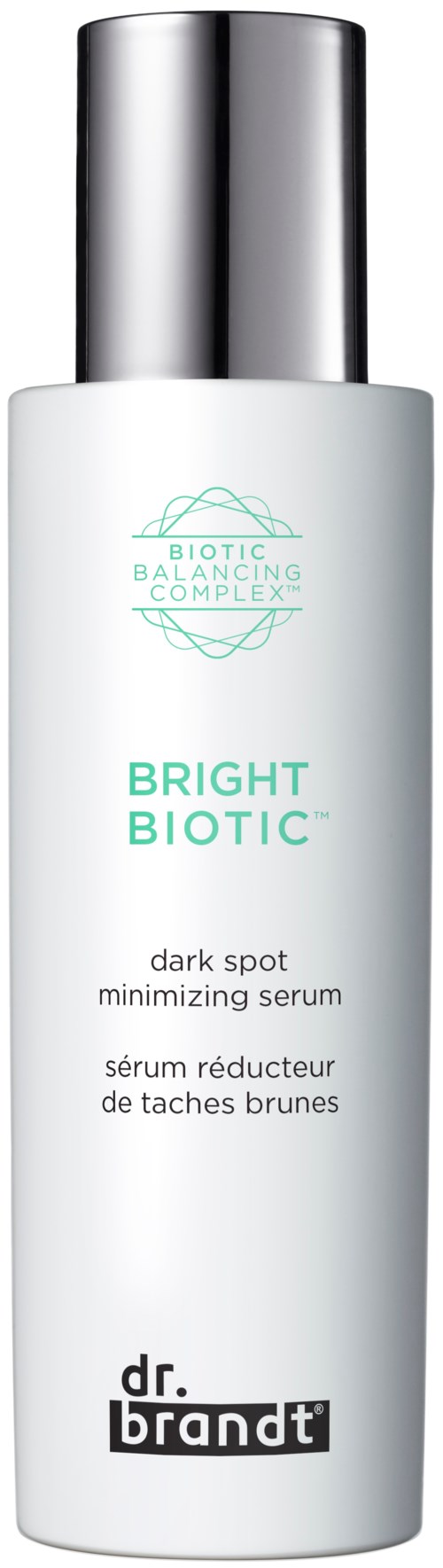 En hvit flaske med sølvhette, merket som et serum for mørke flekker, fra Dr. Brandts Bright Biotic-serie.