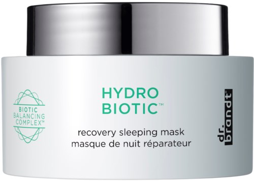 A white jar with black lid, labeled Hydro Biotic recovery sleeping mask from Dr. Brandt. Green and black text.