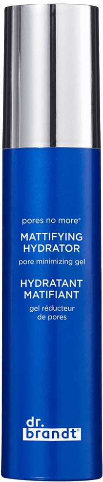 En blå og sølv flaske mærket 'Mattifying Hydrator' af Dr. Brandt på sort baggrund.