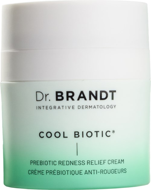 En burk med Dr. Brandt Cool Biotic Prebiotic Redness Relief Cream, vit och grönt med svart text.