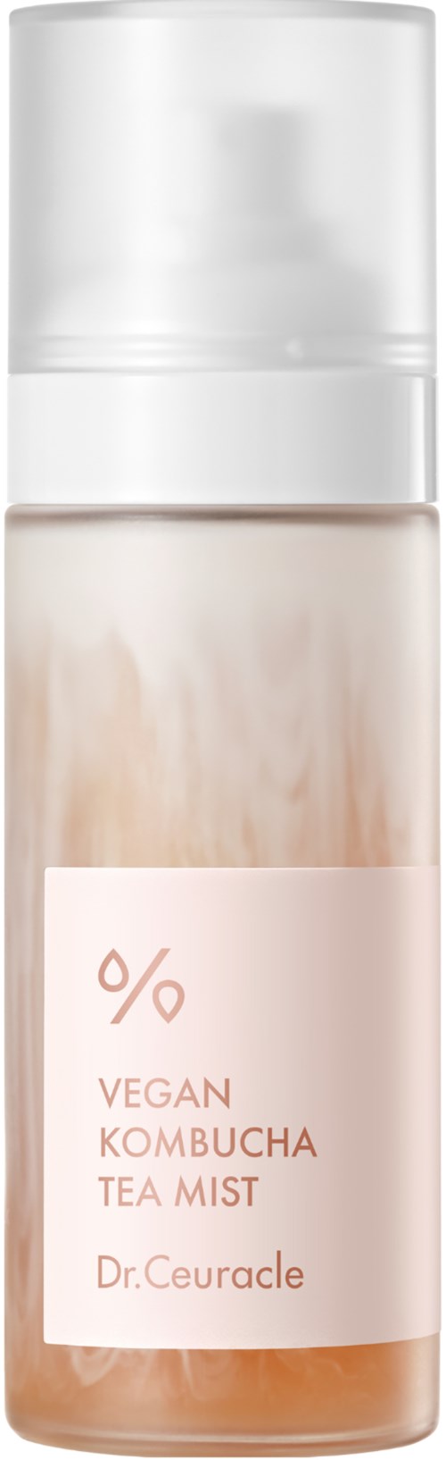 Eine Flasche veganer Kombucha-Tee-Mist mit weißem Deckel und hellbrauner Flüssigkeit.