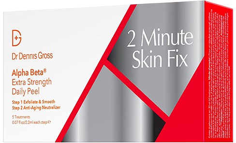 Packaging for a skincare product named 'Alpha Beta Extra Strength Daily Peel' by Dr. Dennis Gross. It mentions a '2 Minute Skin Fix.'