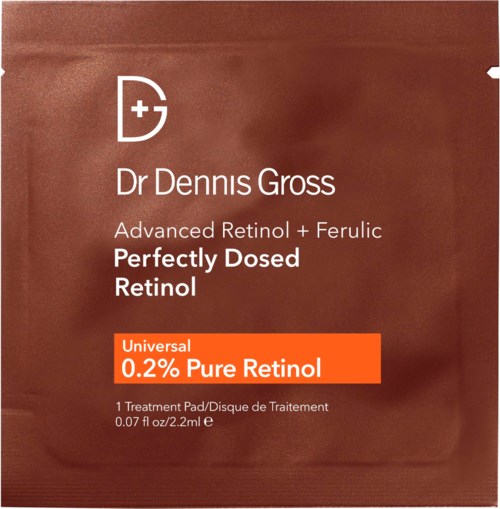 Dette er emballasje for et hudpleieprodukt med beskrivelse av retinol, kalt 'Perfectly Dosed Retinol'.