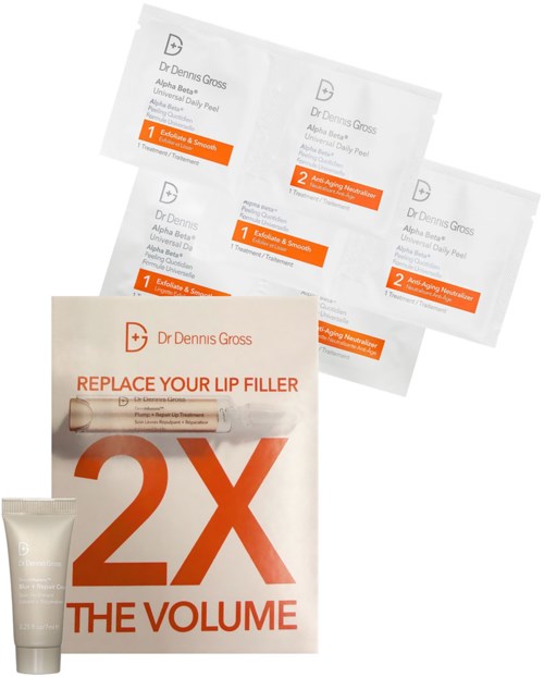 A lip filler treatment package with syringes, instruction sheet, and promotional material emphasizing doubled volume.