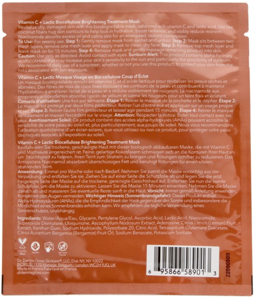 En rosa och vit förpackning med ett Vitamin C + Lactic Biocellulose Brightening Treatment Mask, med instruktioner och ingredienser på franska och engelska.