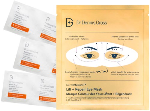 A cosmetic packet and a bright orange instruction sheet for eye mask treatment. The sheet shows eye diagram and steps.