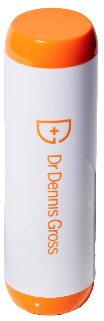 En hvit sylinderformet beholder med oransje hetter og logoen til Dr. Dremas Gross.