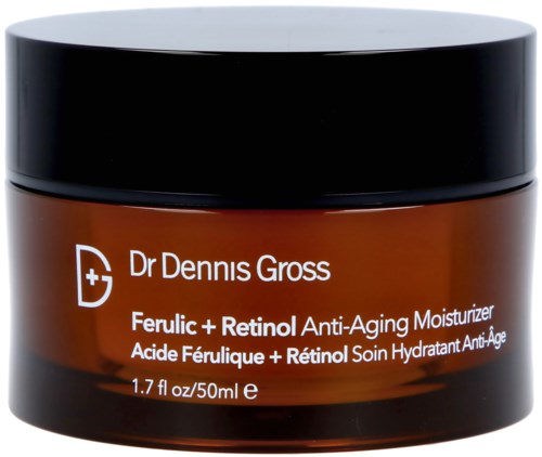 En brun burk med svart lock märkt 'Dr Dennis Gross' som säljer en anti-aging-kräm med ferulic och retinol. 50 ml.