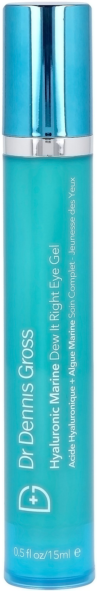 En blå flaska med ögon gel med en silverlock, märkt som Dr Dennis Gross Hyaluronic Marine Dew It's Eye Gel.