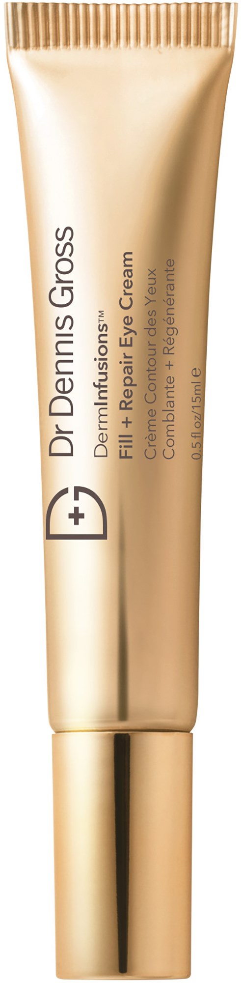 Gold-colored tube of eye cream with black text, labeled as Dr. Dennis Gross, for multiple benefits around the eyes.