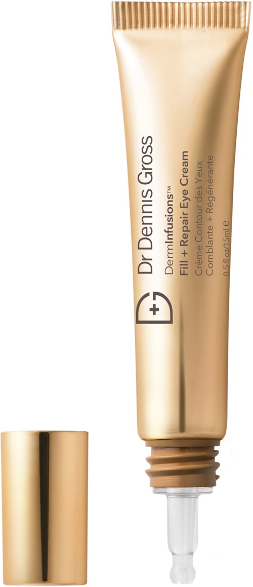 A tube of Dr Dennis Gross skincare cream for under the eyes with a gold cap.