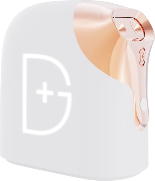 En roséguldfärgad skönhetsenhet med handtag och laddningsväska, modern och elegant i design.