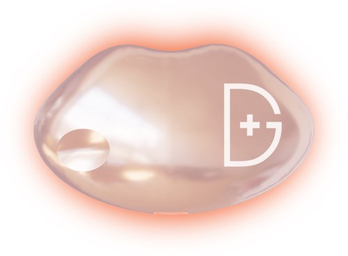 A shiny, smooth pill with a hole on one side and a medical cross logo on it.