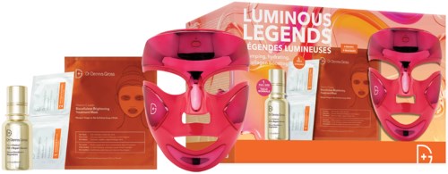 Produkty do pielęgnacji skóry i różowa maska LED na wystawie. Opakowanie oznaczone "Luminous Legends."