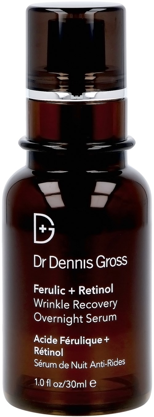Mörkbrun serumflaska med vit text, märkt som Dr Dennis Gross Ferulic + Retinol Wrinkle Recovery Overnight Serum.