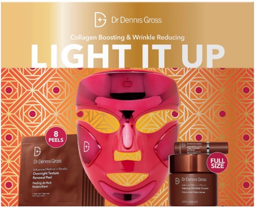 En ansigtsmaske med otte peel-off-dele, en lille flaske creme og en pink maske.