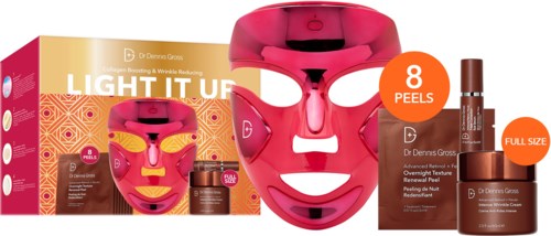 En rosa ansigtsmaske med 8 peels, flere produkter og en æske til hudpleje.