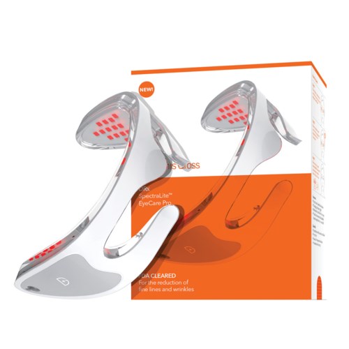 Ett par ergonomiska LED-ögonvårdsglasögon i vit ram med röda lampor och en matchande orange och vit box.