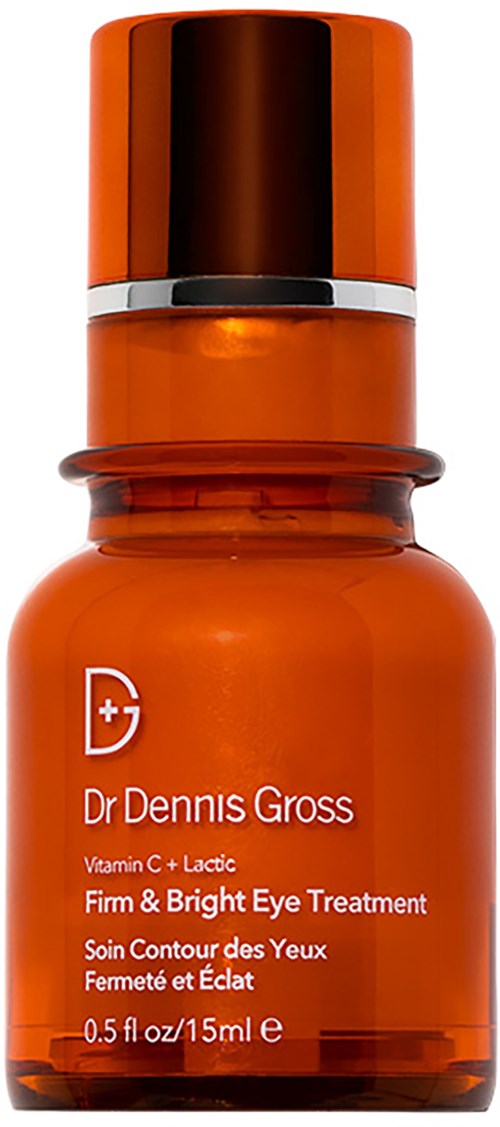 En oransje flaske med skinnende lokk, merket 'Dr Dennis Gross', for øyepleie, inneholder 15 ml produkt.