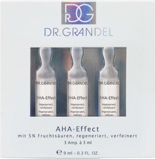 En box med hudvårdsampuller märkt 'AHA-Effect' av Dr. Grande, innehållande tre 3ml flaskor med peelinglösning.