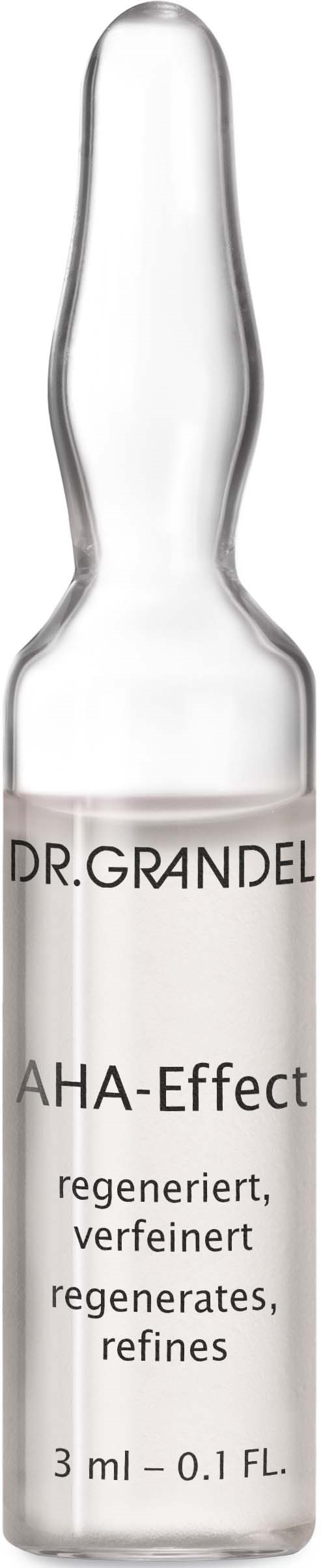 En liten glassampull märkts 'DR. GRANDEL AHA-Effect,' med en silverlock, innehållande en hudvårdsprodukt.
