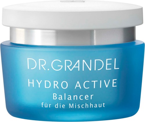 Sininen purkki, jossa valkoinen kansi ja hopeavaippa, merkitty "DR. GRANDEL HYDRO ACTIVE Balancer" ja jotain saksankielistä tekstiä.