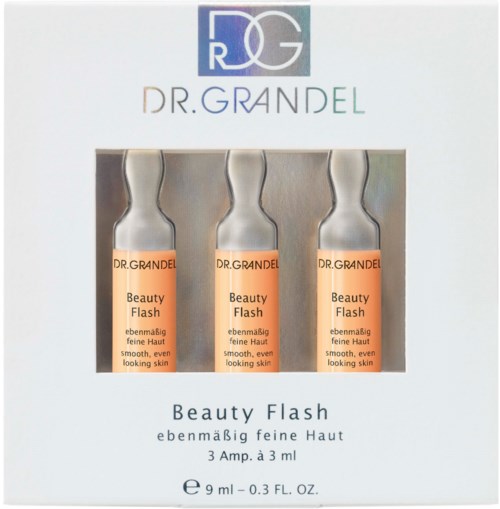 Tre kosmetiska ampuller märkta 'Beauty Flash' för jämn hud, i ett vitt förpackning av Dr. Grandel.