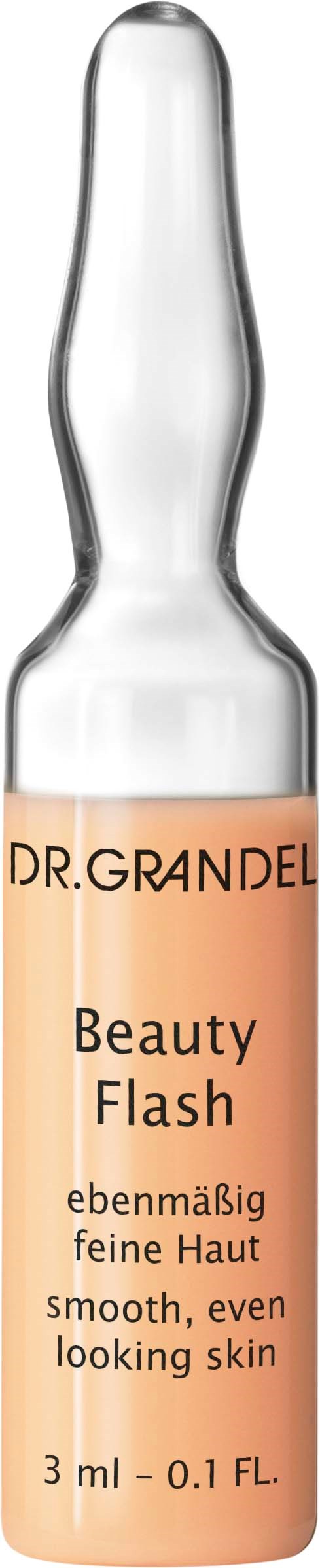 En liten hudvårdsprodukt i en glasampull märkt "Beauty Flash" av Dr. Grandel, avsedd för slät och jämn hud.
