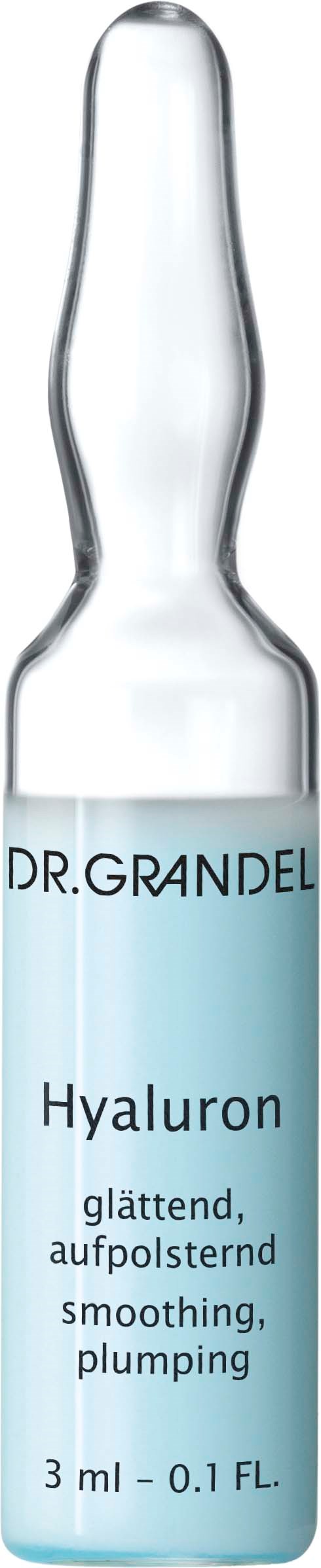 En liten glasampull märkt 'DR. GRANDEL Hyaluron' för hudfuktning och volymökning. Den innehåller 3 ml produkt.