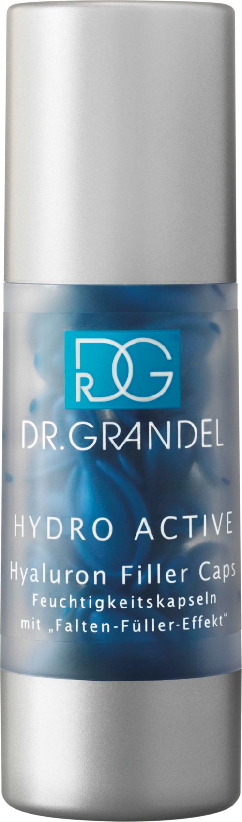 Valkoinen ja sininen pullo, jossa lukee Dr. Grandel Hydro Active Hyaluron Filler Caps. Se on ihonhoitotuote kosteuteen.