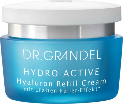 En blå burk av Dr. Grandel Hydro Active Hyaluron Refill Cream med vit lock.