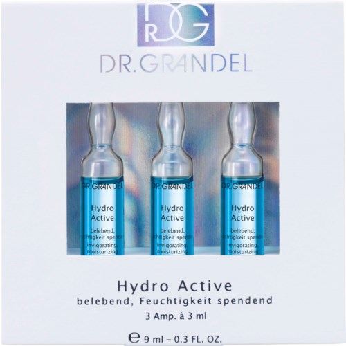 Logo og emballasje av Dr. Grandel Hydro Active hudpleieprodukter, med tre flasker og produkbeskrivelse.