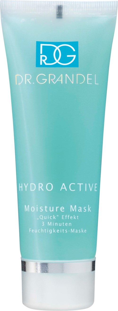 En blågrønn tube merket Dr. Grandel Hydro Active Moisture Mask, som hevder rask effekt på tre minutter.