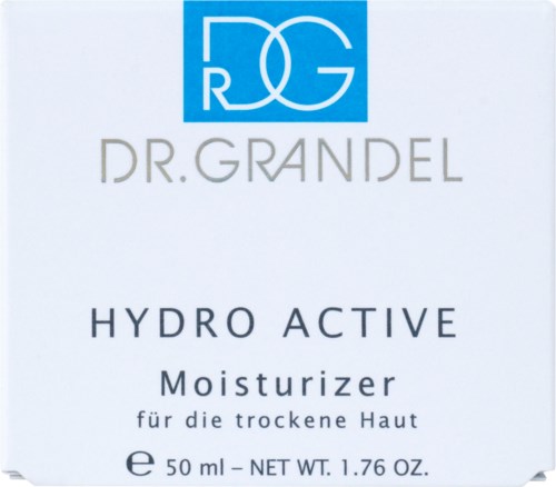 Eine weiße Verpackung mit blauer und grauer Schrift und Logo, bewirbt eine Feuchtigkeitscreme für trockene Haut von Dr. G. Hydro Active.