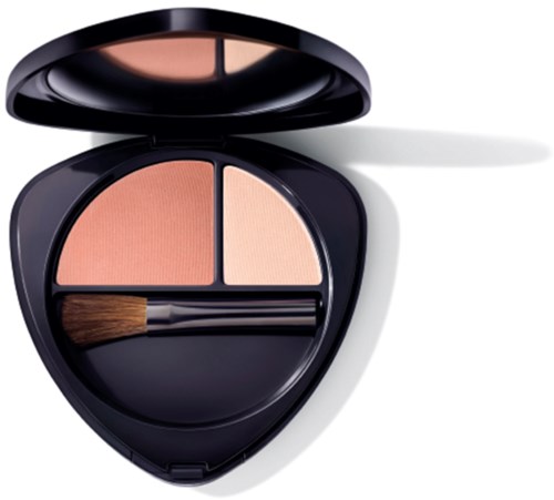 Ett kompakt sminkfodral innehåller rouge och highlighter med en liten borste.