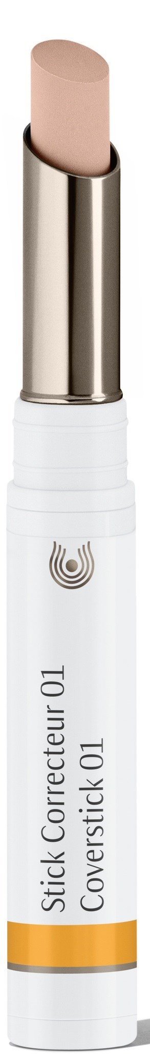 En hvit sminkestav med en beige spiss og en sølvdel, merket 'Coverstick 01'.