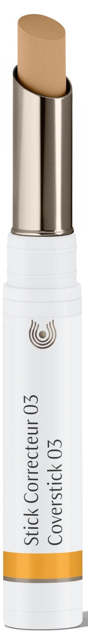 En hvit korrigeringspenn med beige spiss, sølvbånd og oransje linje, merket som Coverstick 03.